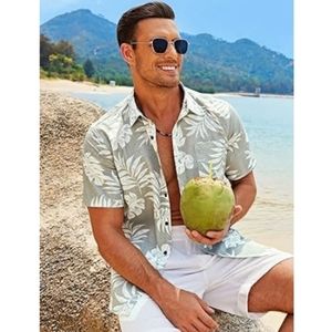 Mens Hawaiian Tropical Shirt Short Sleeve Casual Button Down Floral Palms
